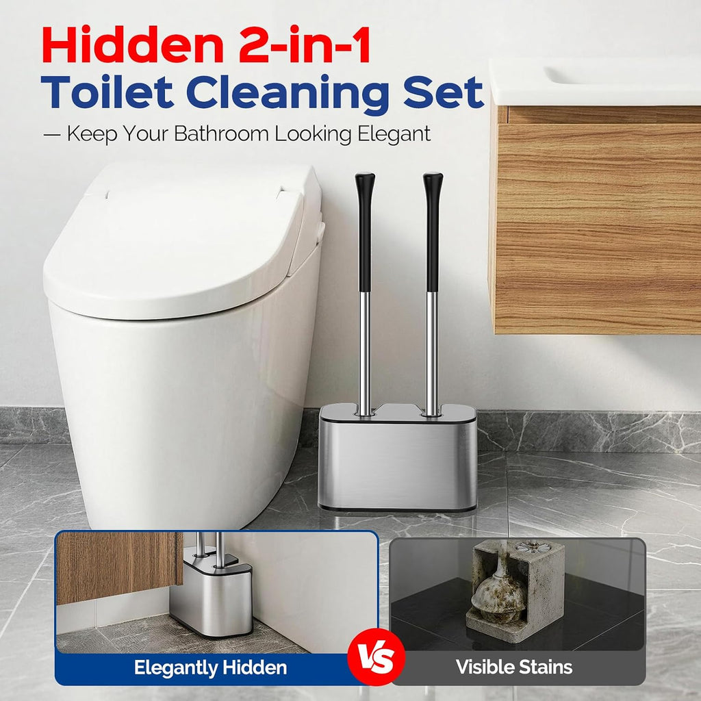 HAMITOR Toilet Bowl Brush and Plunger Set: 2-in-1 Hidden Holder