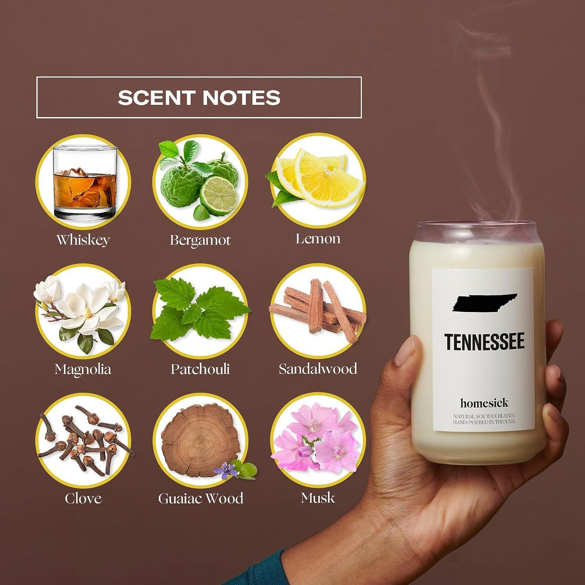 Homesick Scented Candles for Home (Tennessee) - 13.75 oz Long-Lasting Soy Wax Jar Candle for Women & Men for All Occasions, 60-80 Hours Burn Time - Notes of Patchouli, Sandalwood & Tonka Bean