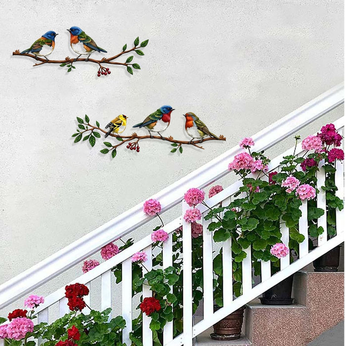 Harikikochuu 2 Pcs Metal Birds Wall Art Decor Robin Bird on the Branch Silhouette Art Metal Decorative Birds Hanging Wall Sculpture for Outdoor Balcony Garden Porch Décor (Colorful B)