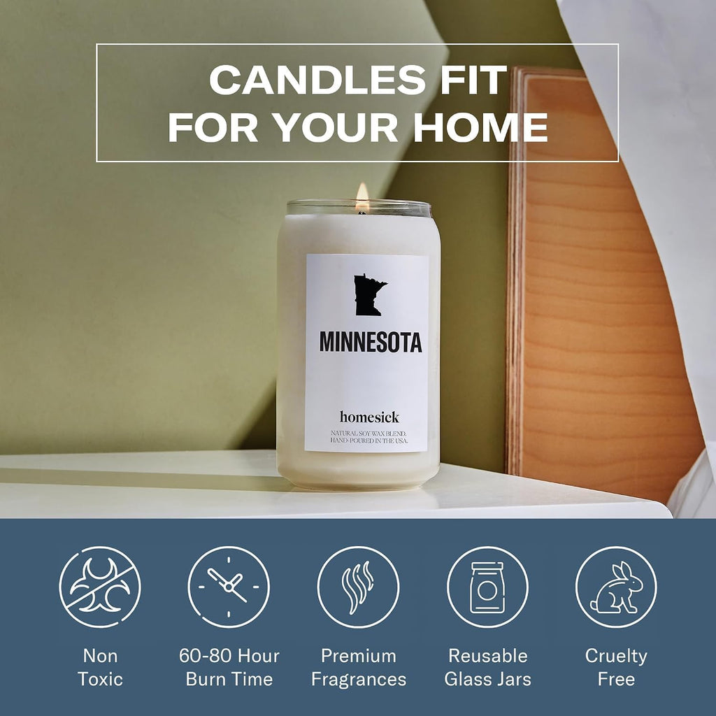 Homesick Scented Candles for Home (Minnesota) - 13.75 oz Long-Lasting Soy Wax Jar Candle for Women & Men for All Occasions, 60-80 Hours Burn Time - Notes of Apple, Maple & Clove