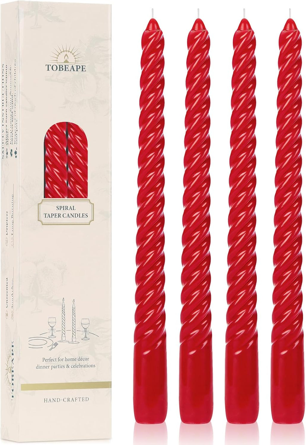 Tobeape 10 Inch Red Spiral Taper Candle Sticks 4 Pack, Unscented & Dripless