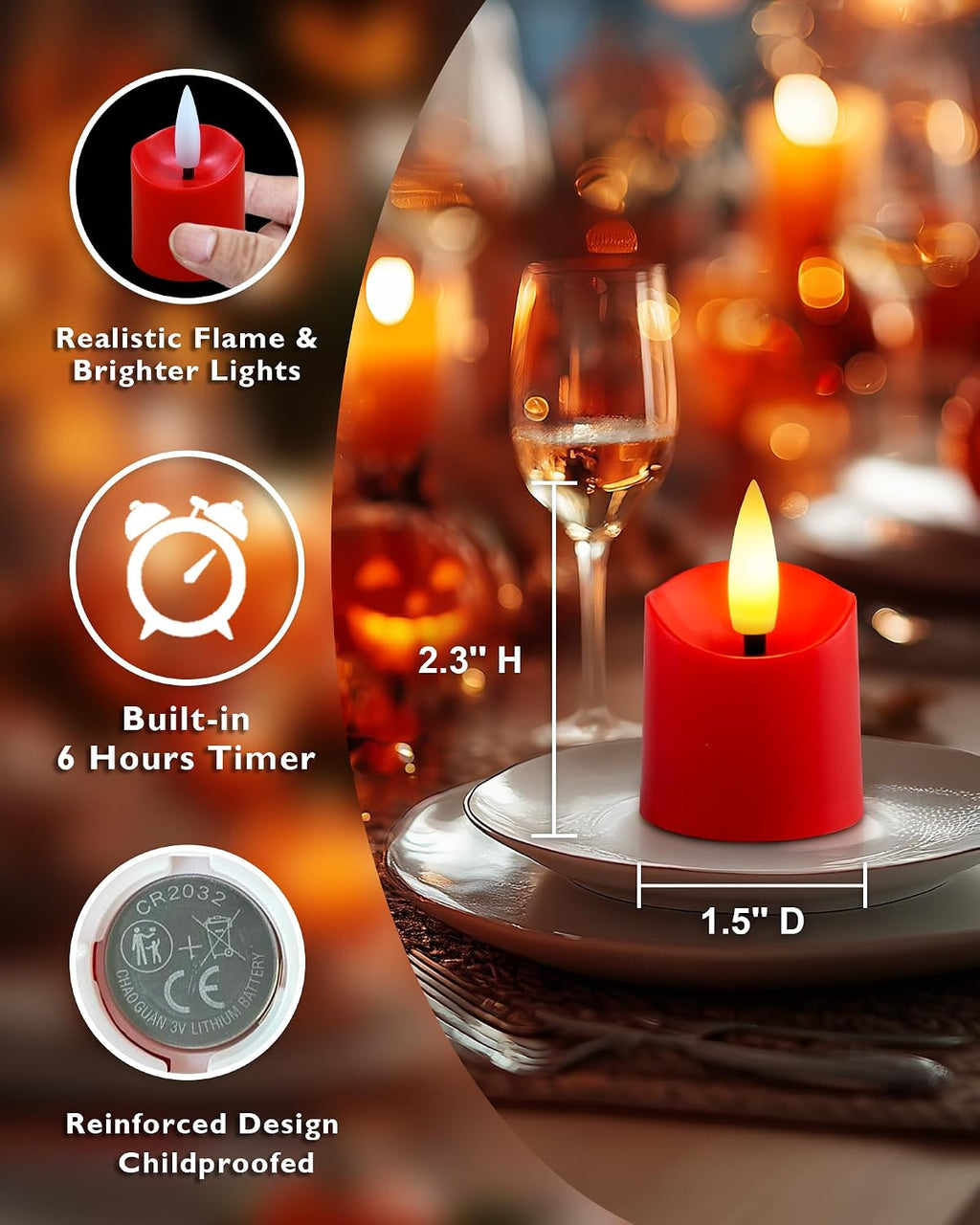 Homemory 12Pack Timer Flameless LED Votive Candles, Realistic Flickering 3D Flame Candles, Long Lasting Battery Operated Tealight, for Thanksgiving Day, Christmas, Wedding Decor-Red Base