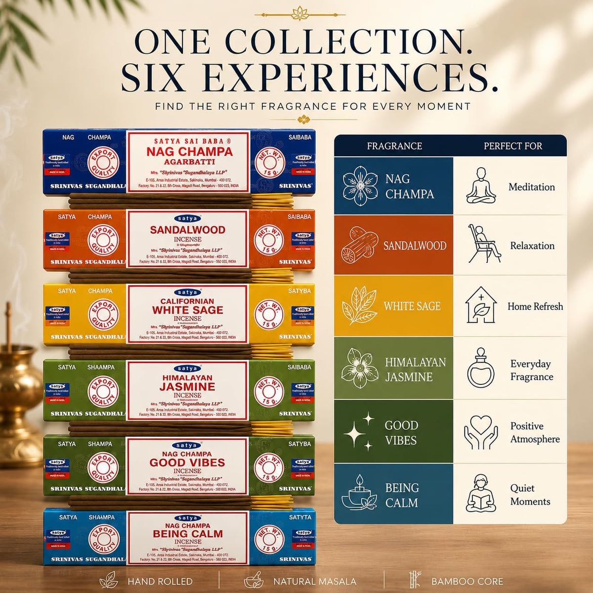Satya Nag Champa Incense Sticks Variety Pack - 6 Assorted Boxes
