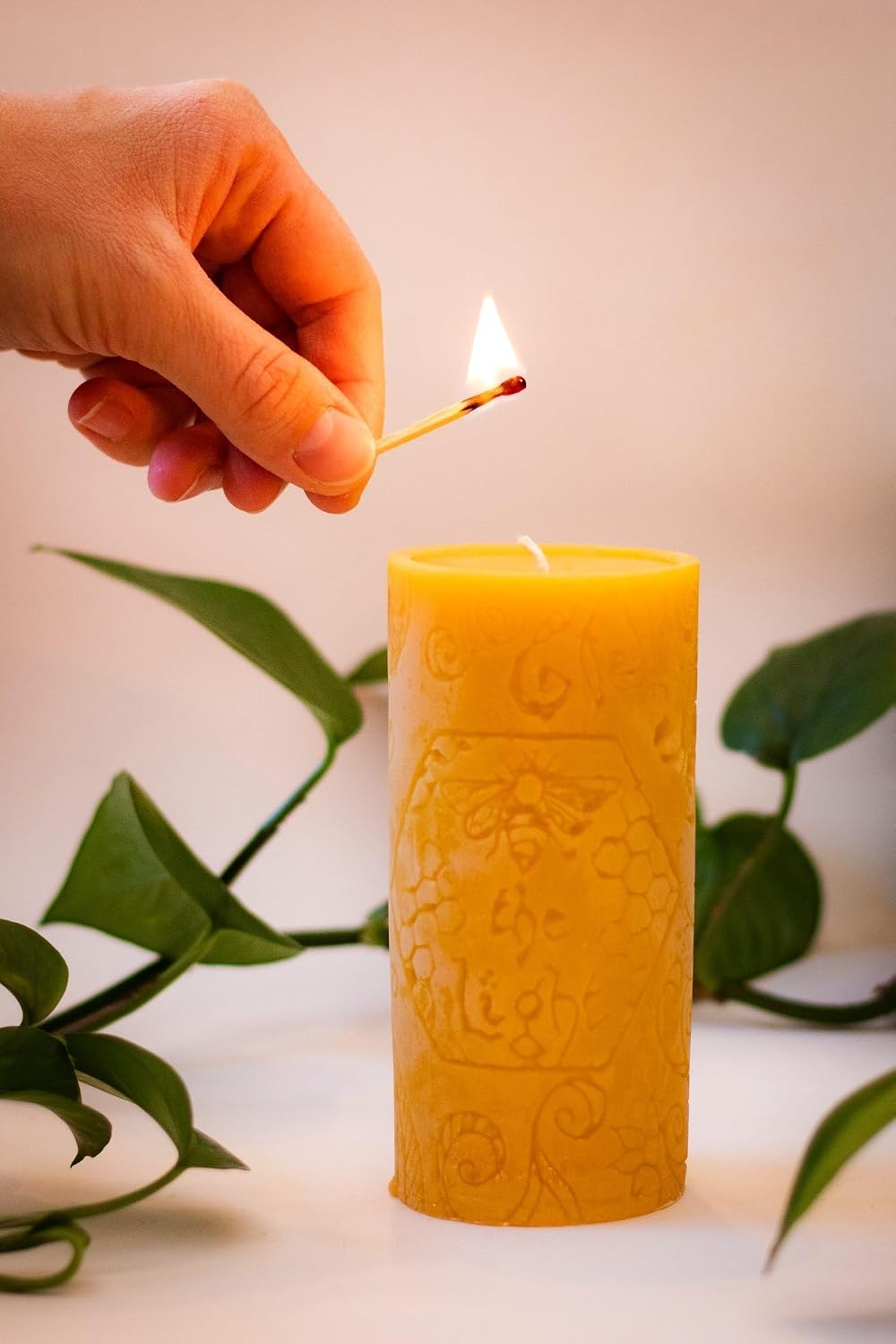 BeeTheLight Beeswax Pillar Candle - 100% Pure Bees Wax - Choose Your Size and Color - Up to 72 Hour Burn Time Fits 3x6 Holder - Approx. 2.6"x5.4" - Unscented - Natural Light Honey Scent