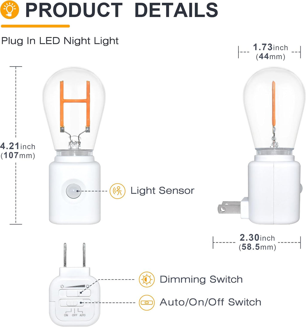Motion Sensor Night Light, Night Lights Plug into Wall,H-Type 2200K Amber Dimmable LED Motion Activated Nightlight for Bathroom Hallway Decor, 2-Pack