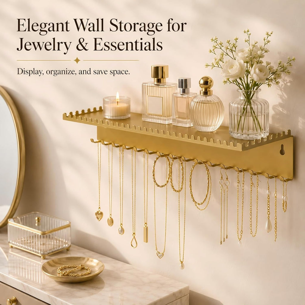 Wall Mounted Necklace Holder with Shelf, Wall Jewelry Organizer,Gold