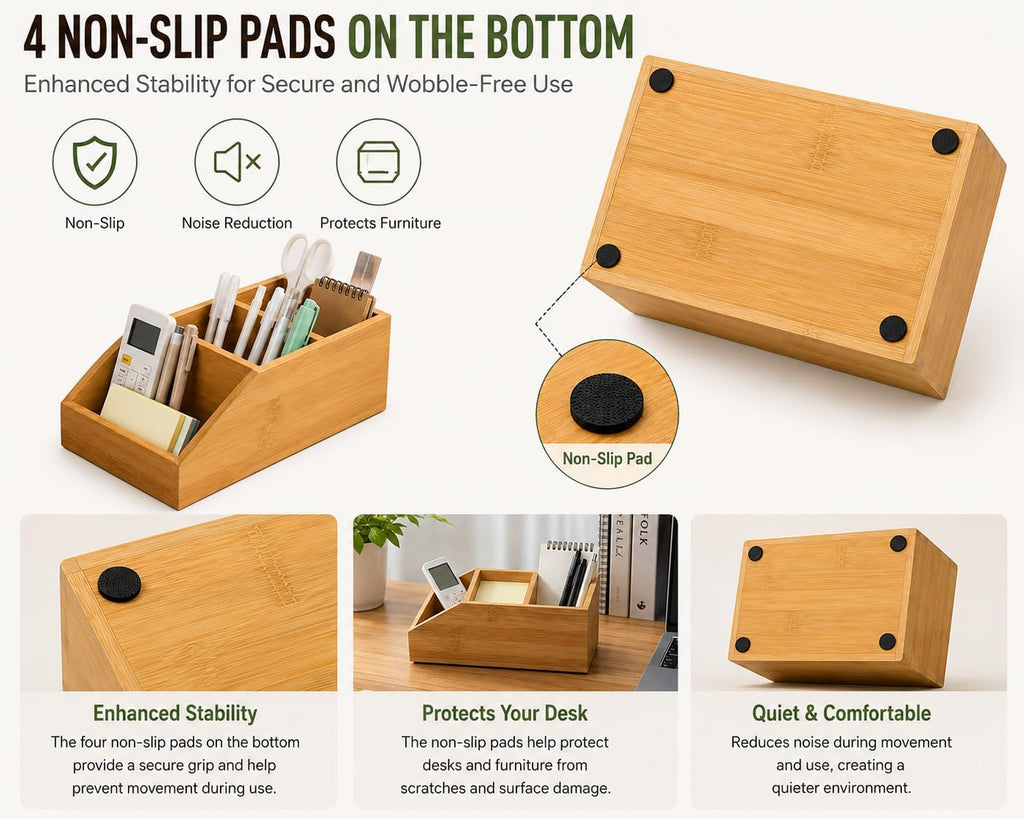 Bamboo Desk Organizer with 3 Compartments, Desktop Storage Organizer for Office Supplies, Makeup, Remote Controls and Accessories, Multi-Purpose Countertop Organizer for Home Office Desk