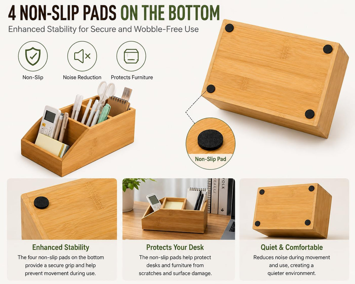 Bamboo Desk Organizer with 3 Compartments, Desktop Storage Organizer for Office Supplies, Makeup, Remote Controls and Accessories, Multi-Purpose Countertop Organizer for Home Office Desk