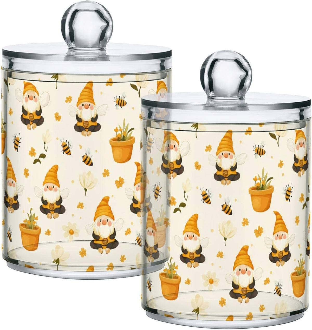 Gredecor Qtip Holder Dispenser 2 Pack Gnome Bees Flying Dwarf Daisy Apothecary Jars with Lids Bathroom Vanity Countertop Canister Storage Organizer for Cotton Ball,Swabs,Pads,Floss