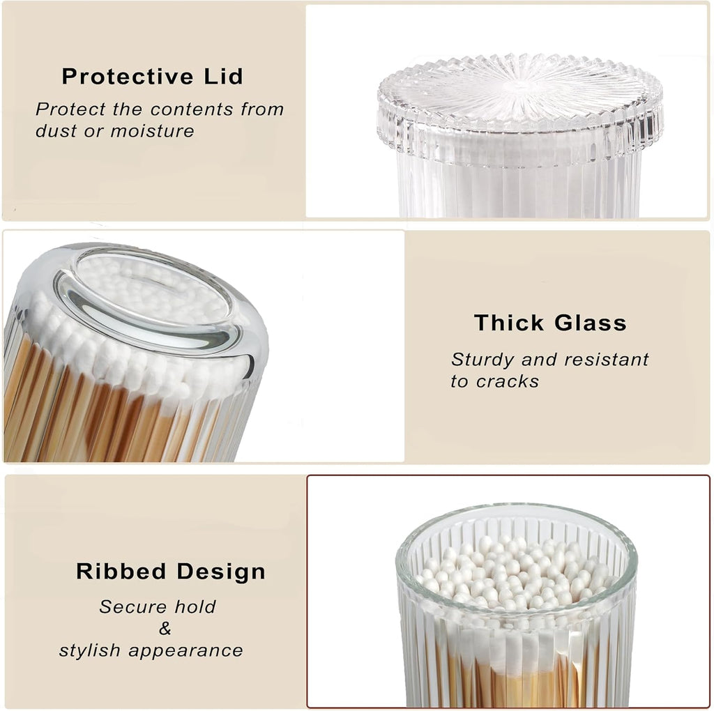 2‑Pack Clear Ribbed Glass Qtip Holder, Vanity & Bathroom Makeup Storage