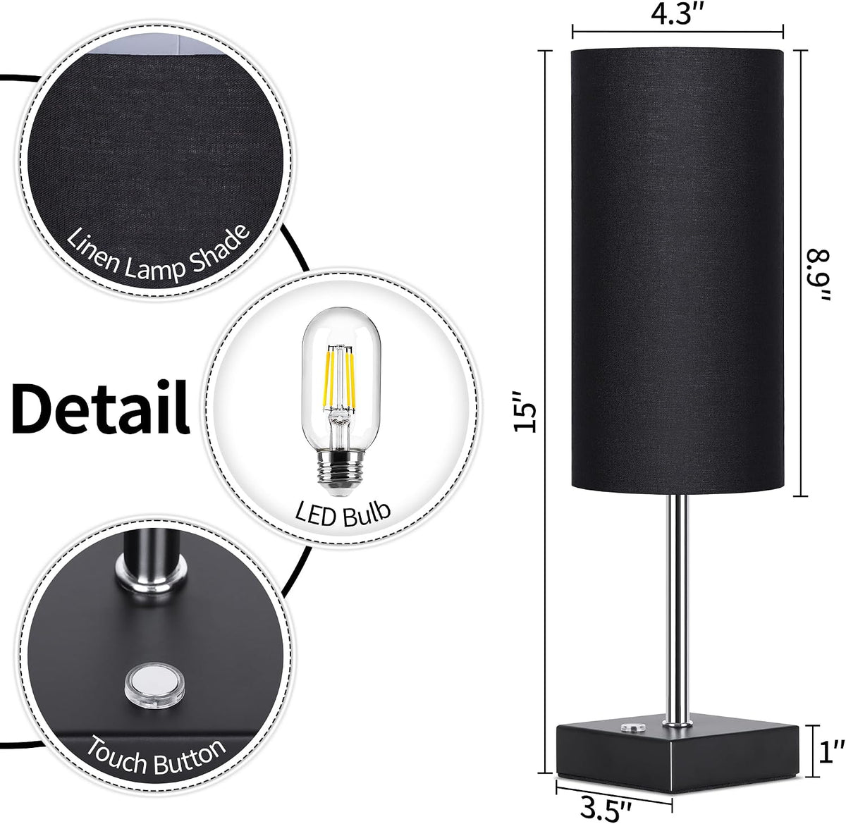 AVV Cordless Table Lamp with Dimmable, Rechargeable 3 Modes Battery Powered Bedside Lamp, Battery Operated Lamps for Night Stand, Touch Lamp for Bedroom, Living Room, Reading,15 Inch Black 2PK