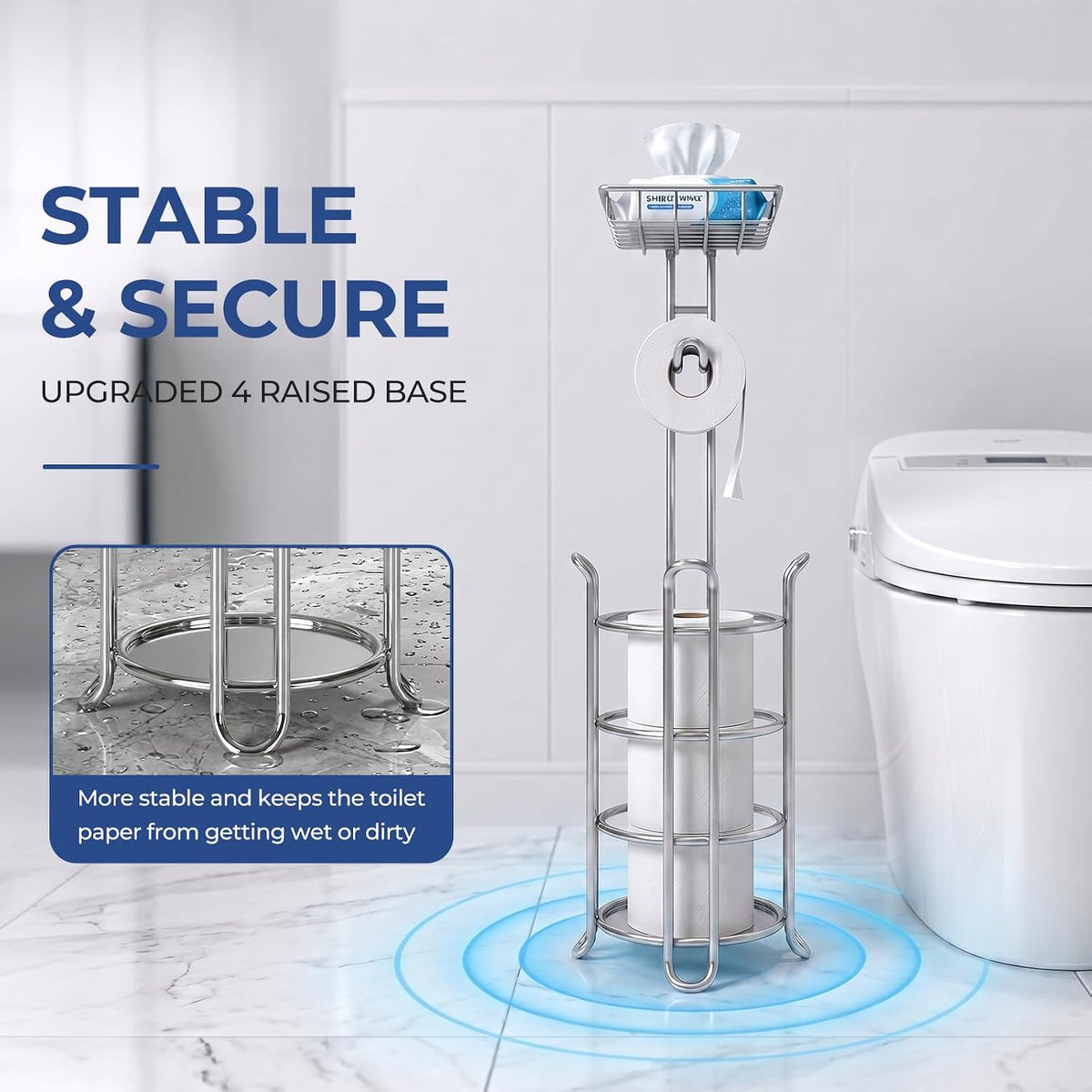 TreeLen Toilet Paper Holder Stand Toilet Tissue Roll Holder with Shelf for Bathroom Storage Holds Phone/ Wipe/ Mega Rolls-Shiny Chrome