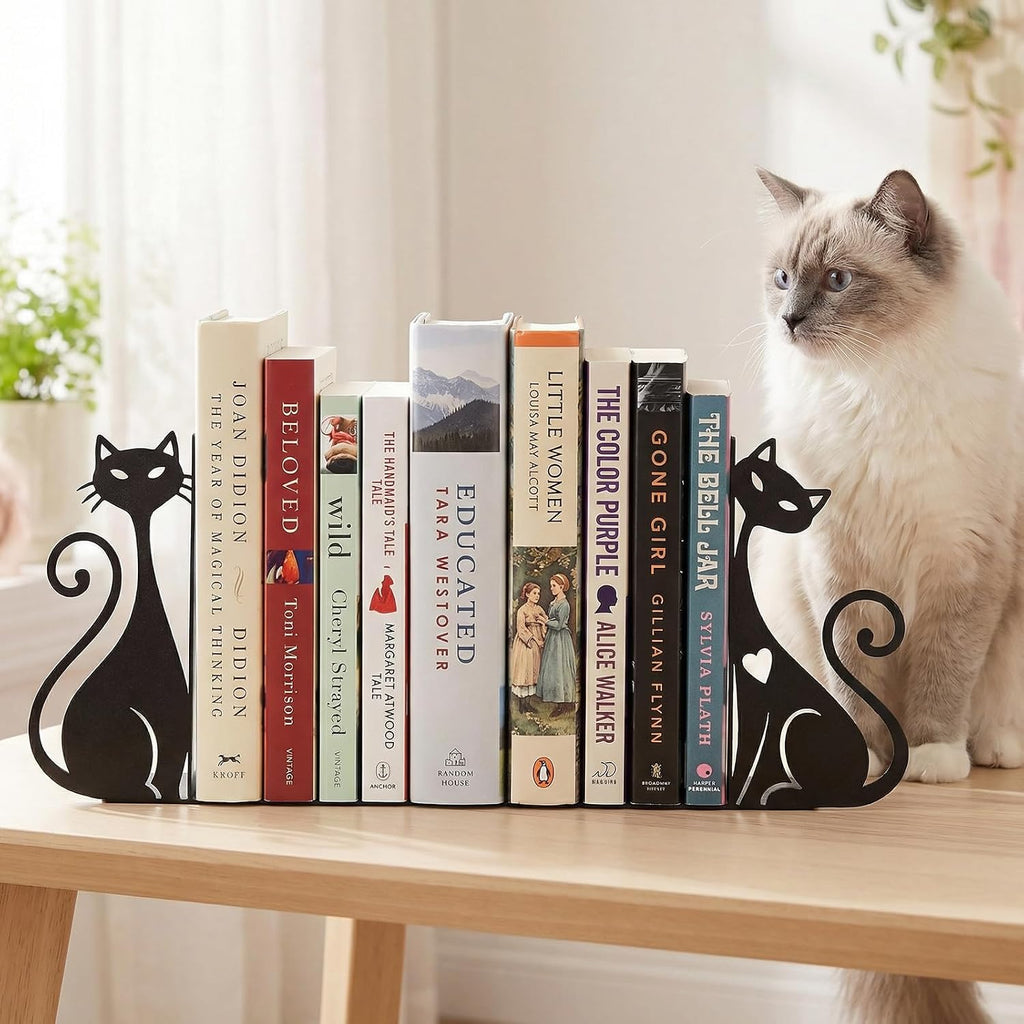 ENCIMART Atomic Cat Bookends for Shelves, Black Metal Decorative Book Ends