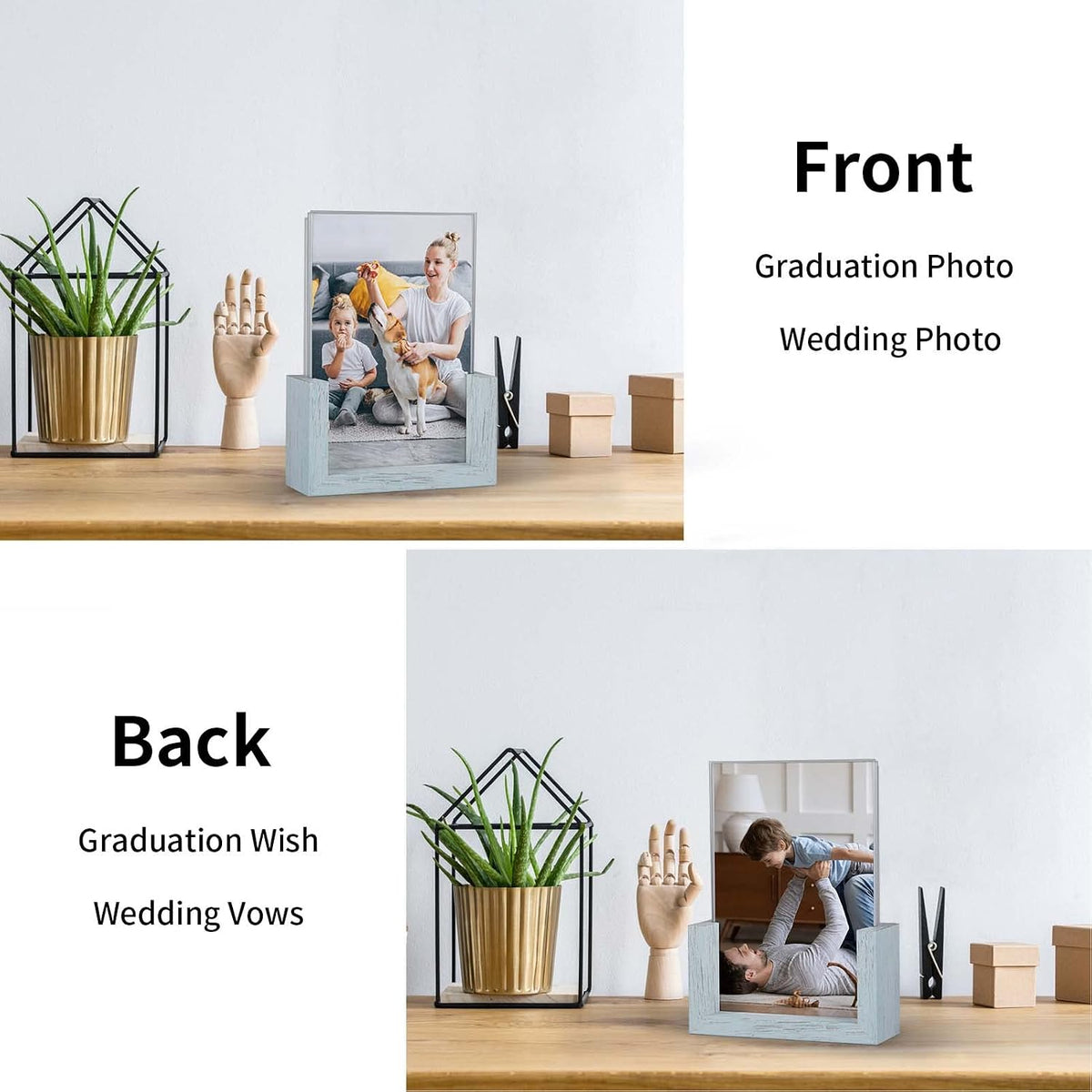PETAFLOP 4x6 Picture Frame 2 Pack, Double Sided Glass Photo Frames 4 by 6 U-Shaped Blue Menu Holder Sign Card Stand for Desktop or Tabletop