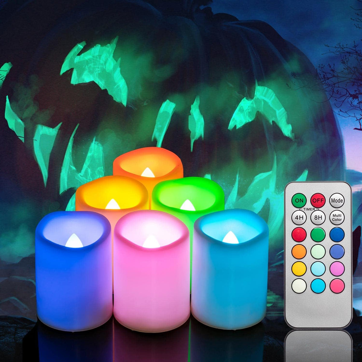 6 PCS Color Changing Remote Flameless Flickering LED Timer Votive Candles/Colored Battery Operated Tea Light Fake Candle for Outdoor Halloween Pumpkin Easter Christmas Decorations