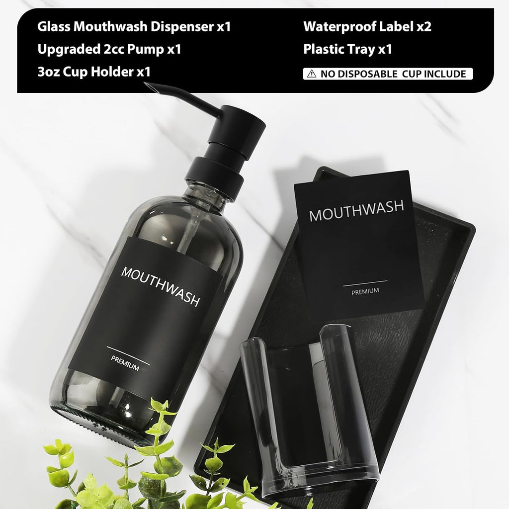 Mouthwash Dispenser for Bathroom, Glass Mouth Wash Pump Dispenser with Cup Holder, 17 Fl Oz Mouthwash Bottle Decanter with Tray, Refillable Mouthwash Dispenser Container (Clear Black)