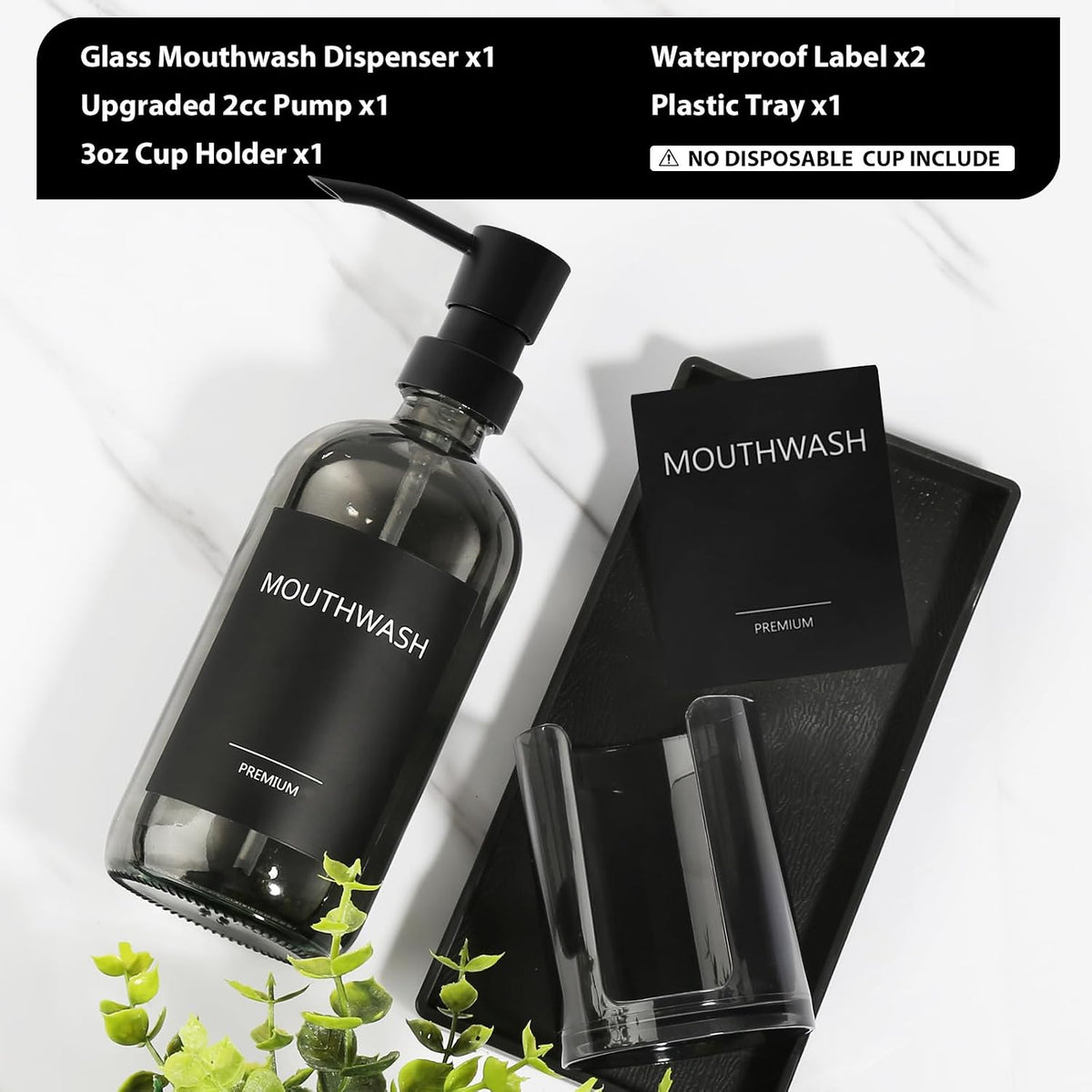 Mouthwash Dispenser for Bathroom, Glass Mouth Wash Pump Dispenser with Cup Holder, 17 Fl Oz Mouthwash Bottle Decanter with Tray, Refillable Mouthwash Dispenser Container (Clear Black)