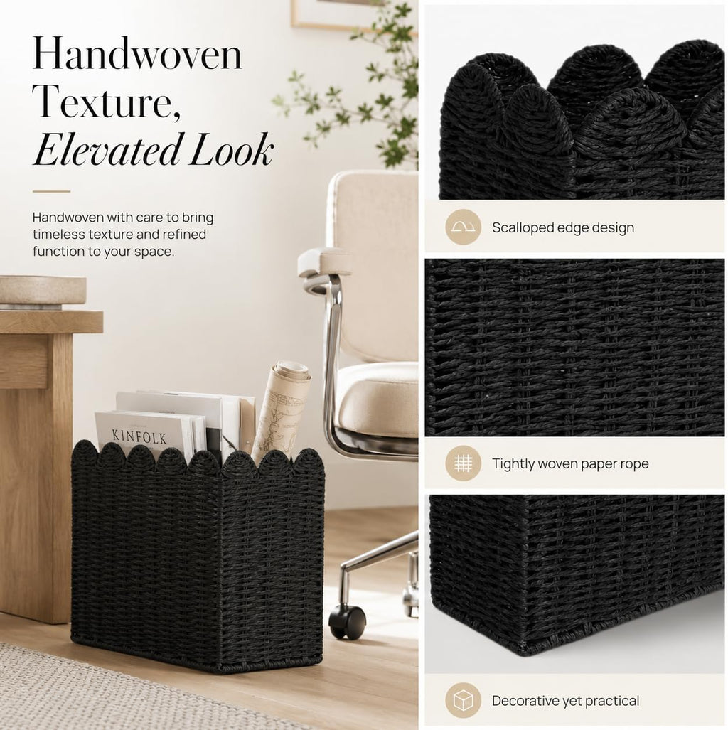 Black Paper Rope Magazine Holder, Scalloped Magazine Basket
