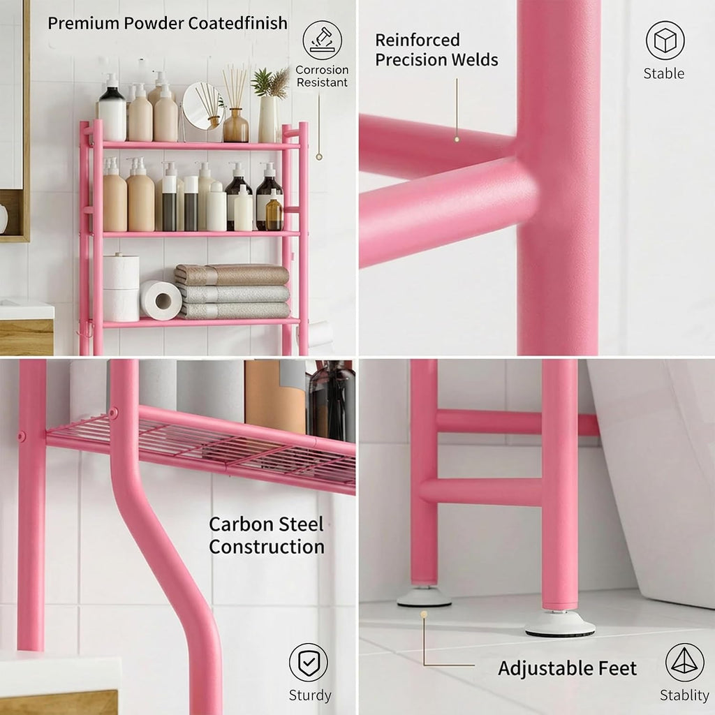 GloTika 3-Tier Over Toilet Storage Cabinet, No Drilling, 64" H, Pink