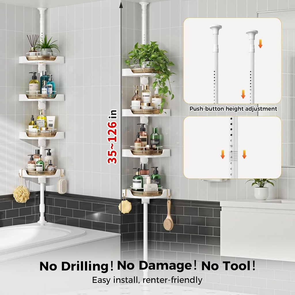 akinbas 360° Rotating Shower Caddy Tension Pole with 4-Tier Rustproof Lazy Susan 35-128 Inch No Drilling Coner Shelves Adjustable Shower Rack for Bathroom Bathtub Washbasin Plant Storage (White+Gold)