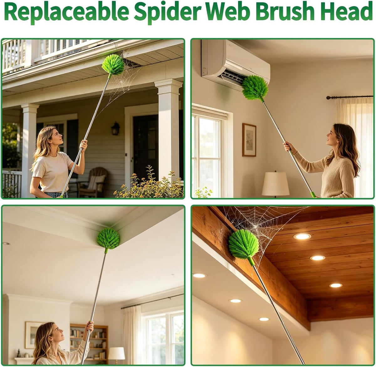 Cobweb Duster with Extension Pole, Washable Cleaning Duster Kit with 3 Duster Heads,15-110-Inch Telescoping Pole for high Ceiling Fans Duster,Crevice Brush, Corner Brush，Spider Web Brush