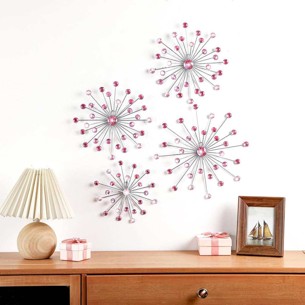 Funnymoom 4 Pcs Pink Starburst Wall Decor Metal Crystal Wall Art Rhinestone