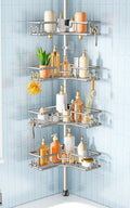 HAMITOR Corner Shower Shelves, 4-Tier Metal Tension Pole Caddy, Silver Gray