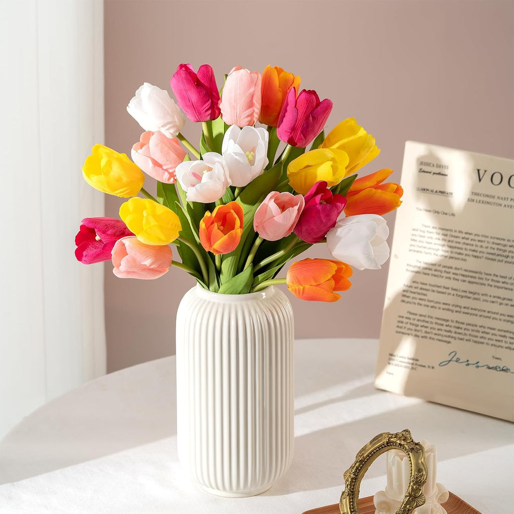 Artificial Tulips - 20 Stems Real Touch Realistic Fake Tulip Flowers, Premium Silk Feel, UV-Resistant, Anti-Fade, Waterproof Lifelike Faux Tulips for Home Decor, Wedding, Party, DIY (Mix)