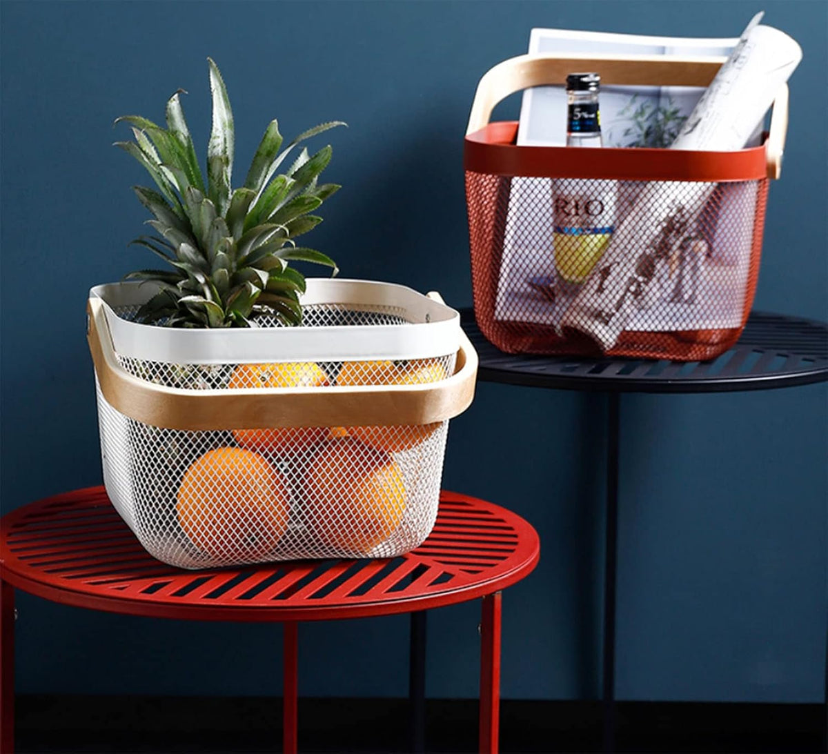 AJIODA Metal Mesh Steel Basket, Storage Organizer Basket Multi-functional Hanging Kitchen Baskets Fruit Basket Bin with Bamboo Handle for Kitchen Bathroom Picnic Shopping Decor Cabinet Home, Red