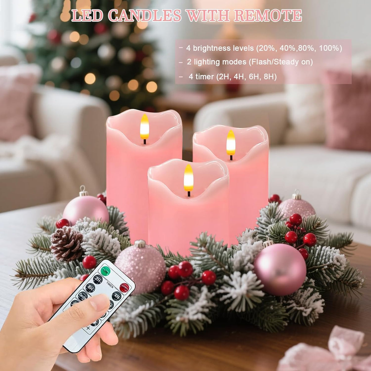 VEEKI Pink Flameless Candles Set of 3, Pastel Candles with Remote & Timer