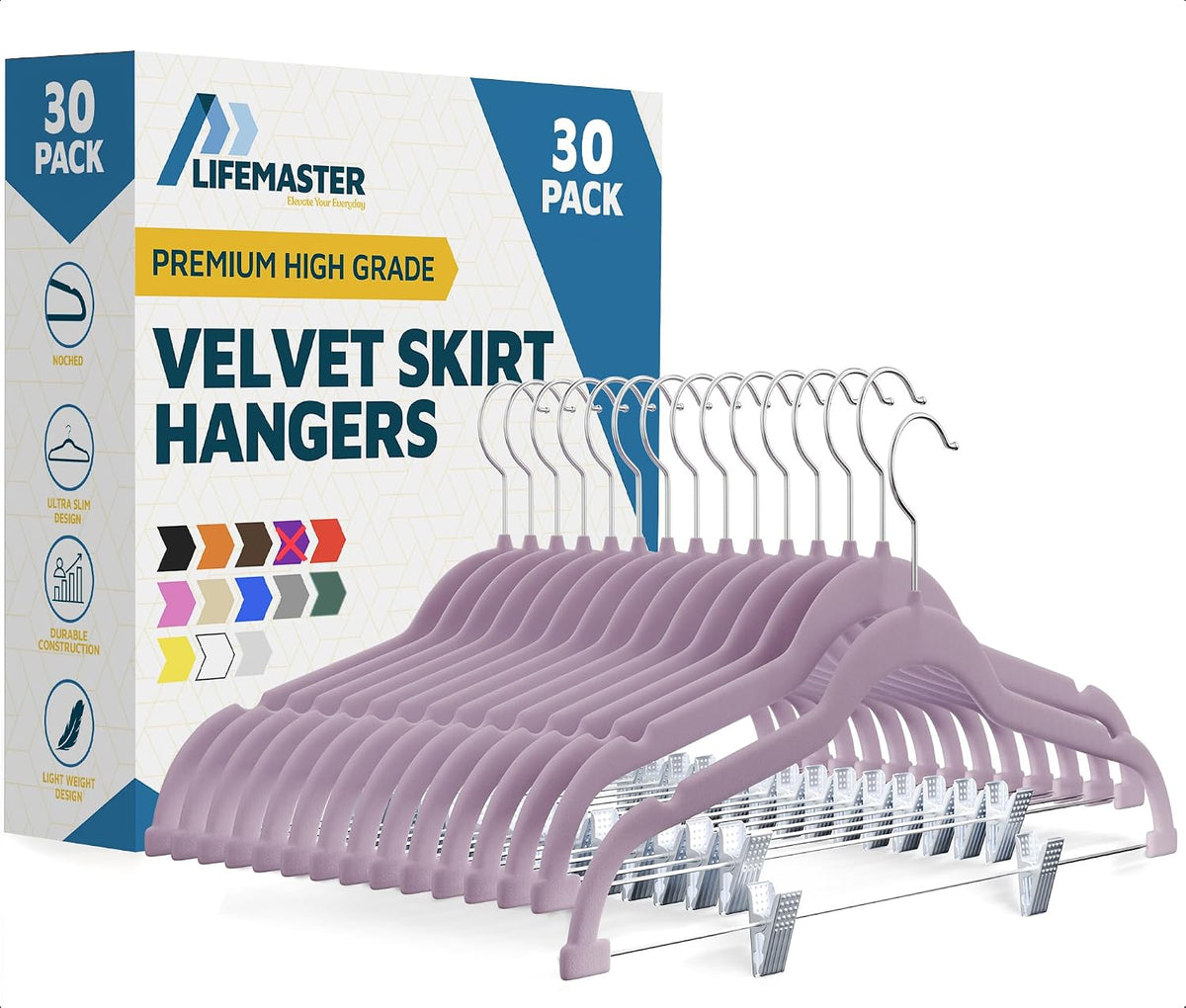 Lifemaster Velvet Skirt Hangers – with Adjustable Clips, 360 Degree Swivel Hook, and Non-Slip Shoulder Notch, Holds Up to 10 lbs, for Organizing Skirt, Pants, Dress, and Clothes, Pack of 30, Purple