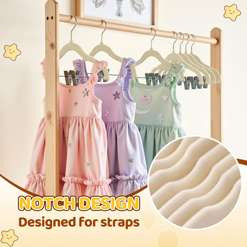Flottian 36-Pack Baby and Kids Velvet Hangers with Clips, Non Slip and Space-Saving Kids Pants Hangers for Baby/Toddler Pants, Skirts, Coats, Beige