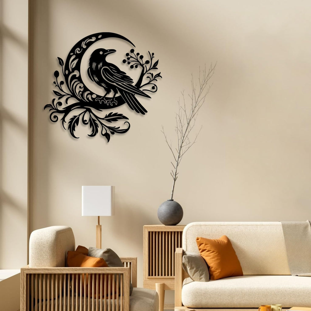 LIYOUYA Crow Moon Flower Metal Wall Decor - Nordic Gothic Style Room Decor Black Wall Art Home Decor for Living Room, Bathroom, Bedroom, Dining Room (Black)