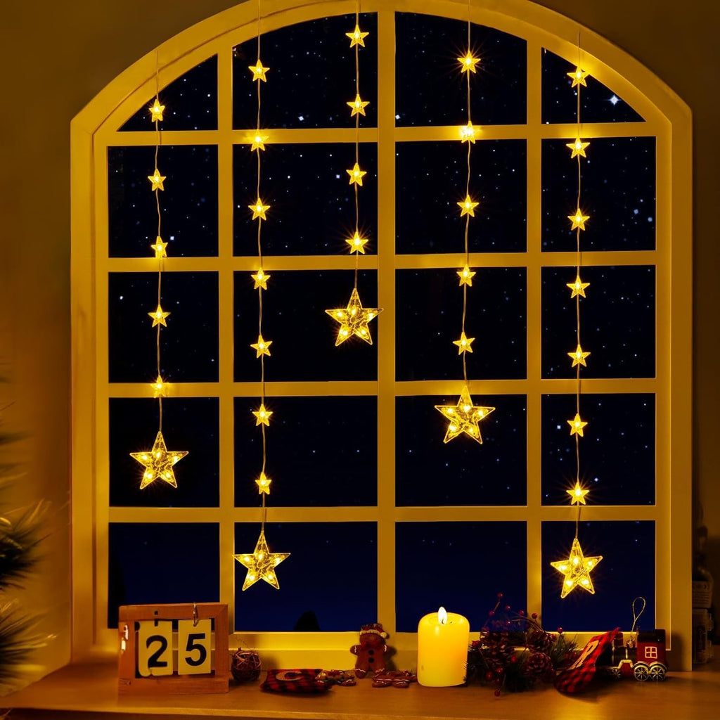 Marchpower Christmas Stars Curtain Lights Battery Operated,32 Stars Warm White Multicolored Color Changing Star Window Lights with Timer & Memory Function 8 Flash Modes, IP65 Waterproof Lights