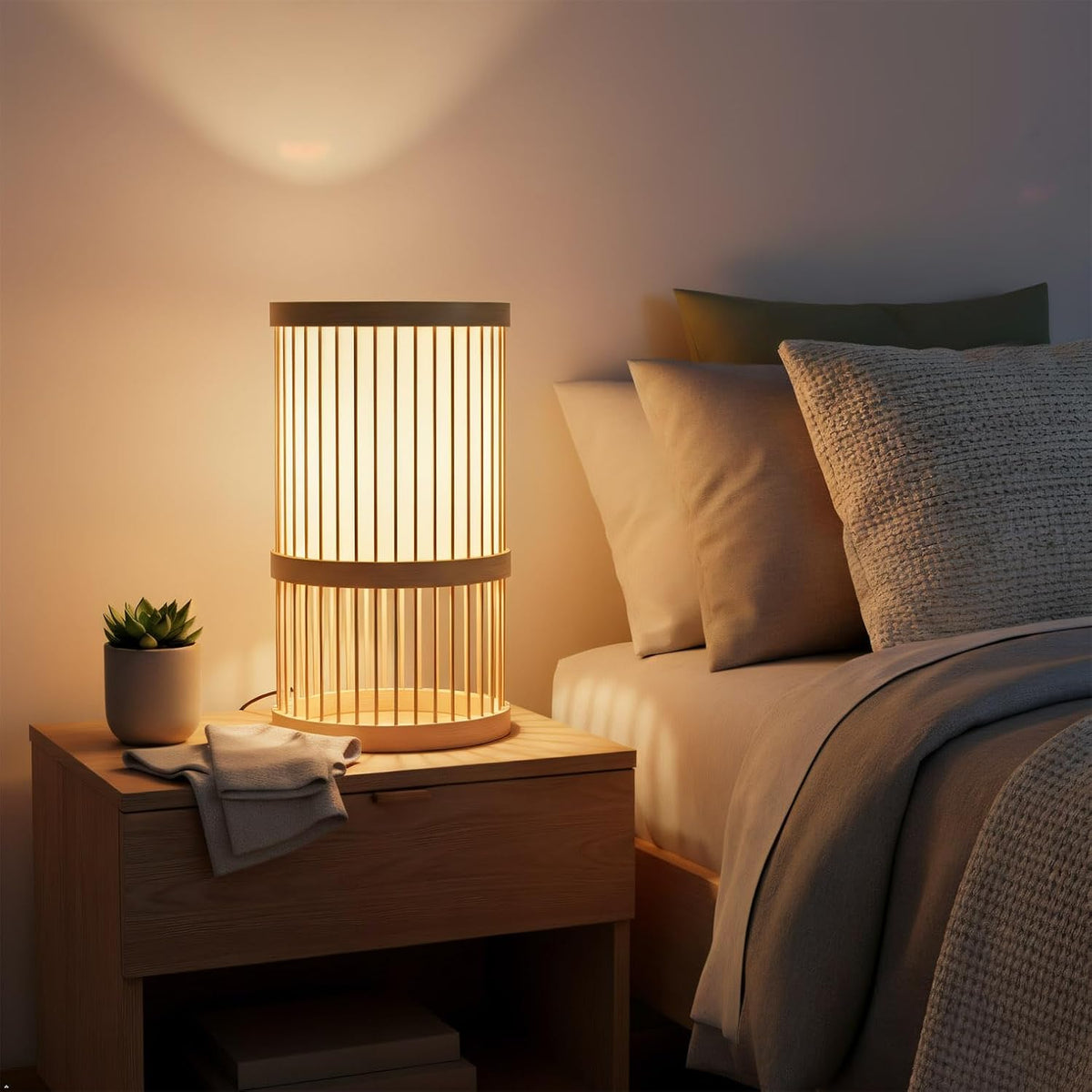 AFORTLO Table Desk Lamp,Janpandi Bamboo Boho Decorative Nightstand Night Light Japanese Hollow-Out Lamp Home Decor for Bedroom,Living Room,End Table or Office with Bulb(White)