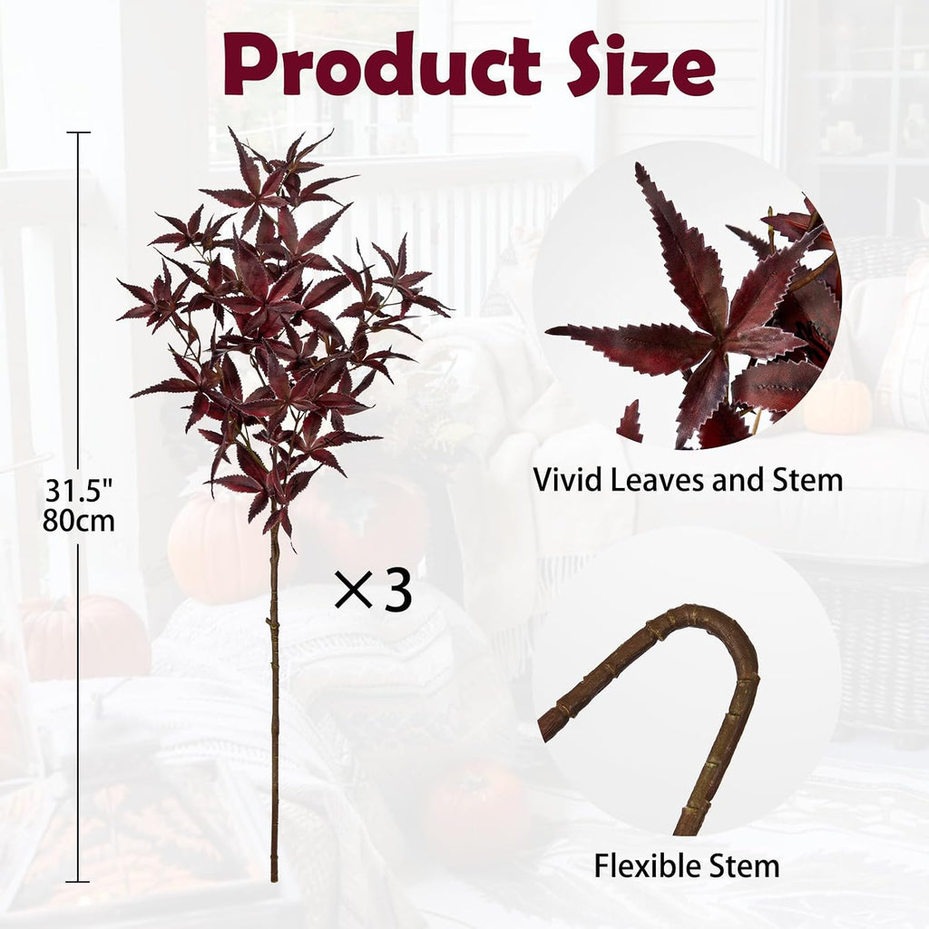 Hollyone 3Pcs Artificial Japanese Maple Leaves Branches 26'' Fake Fall Leaves Stems Plants Red Faux Maple Leaf Bushes Shrubs for Home Decor Thanksgiving Festival Party Autumn Decorations Burgundy