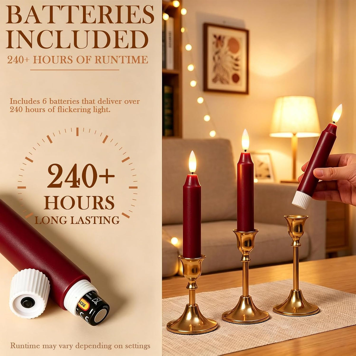 6Inch Flameless Taper Candles with Remote & 6 Batteries, Burgundy