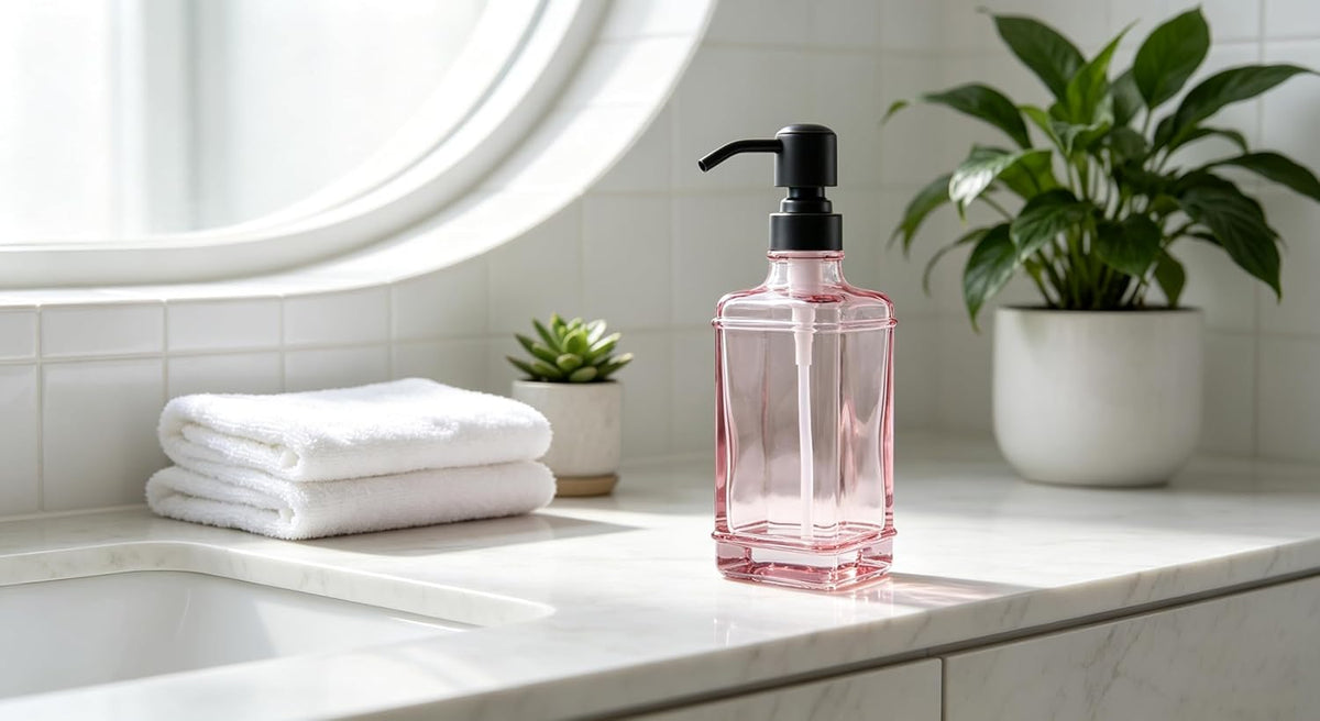 Soap Dispenser，10 Oz Antique Design Thick Glass Hand Soap Dispensers; with 304 Rust Proof Stainless Steel Pump, 6Pcs Stickers, for Kitchen,Bathroom, Pink+Oil Rubbed Bronze