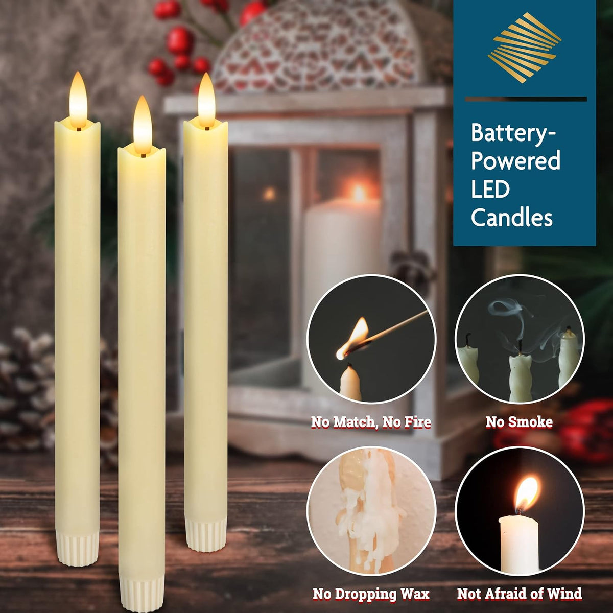 Real Wax Flameless Taper Candles with Remote Timer,Battery Operated LED Candles Set with 3D Flickering Flame,9.6" Ivory Realistic Dripless Candlesticks for Wedding Home Decor,6 Pack