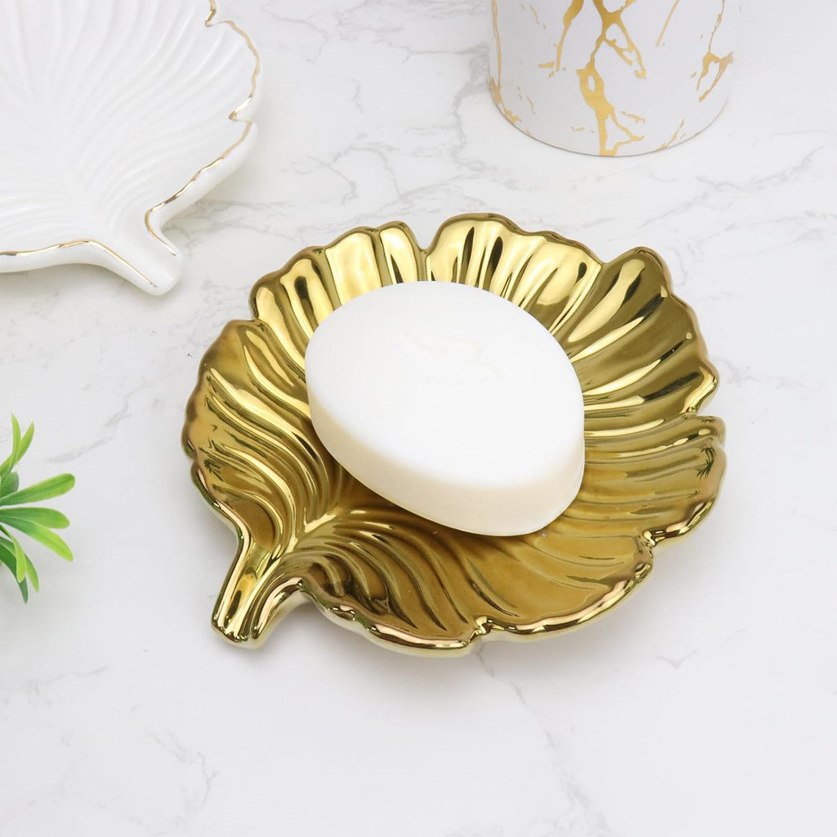 Gold Leaf Bathroom Soap Dish,Ceramic Soap Dish Holder in Palm Leaf Style,Self Draining Design and Used to Hold Various Small Bathroom and Kitchen Accessories