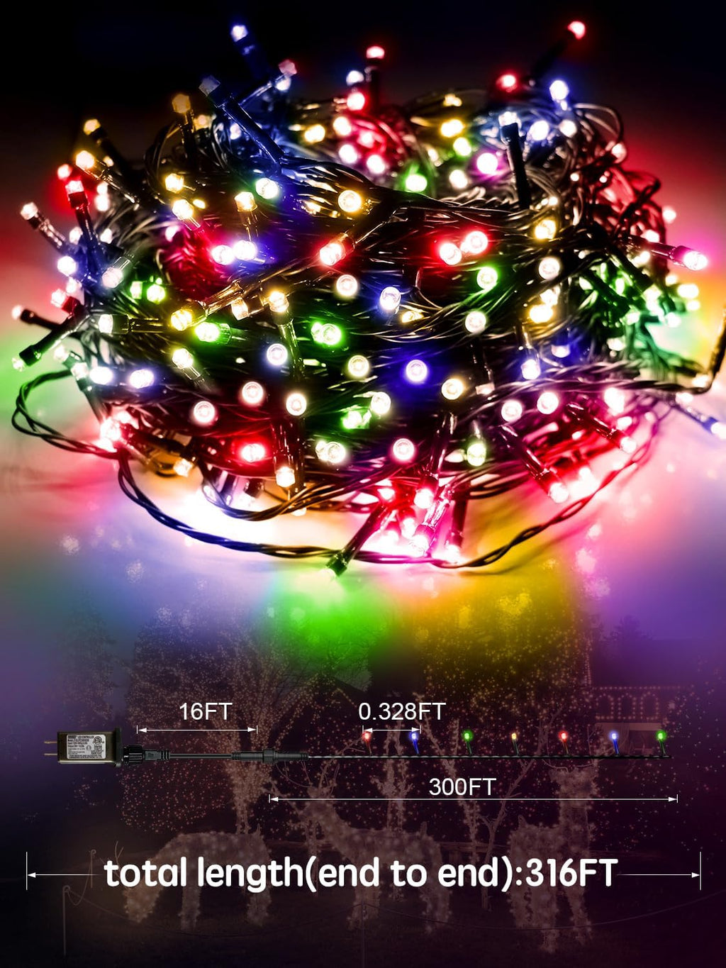 ROOR 300FT 1000 LED String Lights Outdoor, Christmas Tree Lights Multicolor with Remote Control, 8 Modes Fairy Light Plug in Outside IP65 Waterproof for Backyard Porch Party Wedding