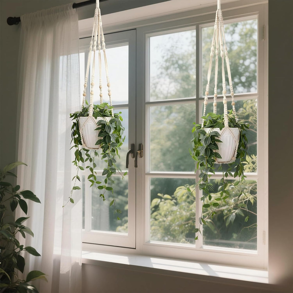 Macrame Plant Hanger Set of 2, 35 Inch Indoor Hanging Planter with 4 Hooks, Macrame Plant Hangers for Pots, No Tassels Boho Home Decor, Ivory (Pots Not Included)