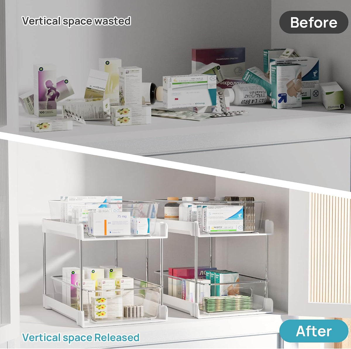 Vtopmart 2 Pack Pull Out Bathroom Under Sink Organizer (S-Standard, White)