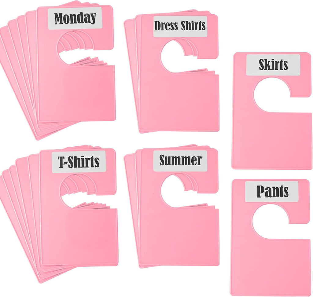 20 Pack White Clothing Rack Size Dividers Plus 45 Labels (1 Inch) and 18 Large Blank Labels, Large Rectangular Clothing Closet Dividers (Pink)