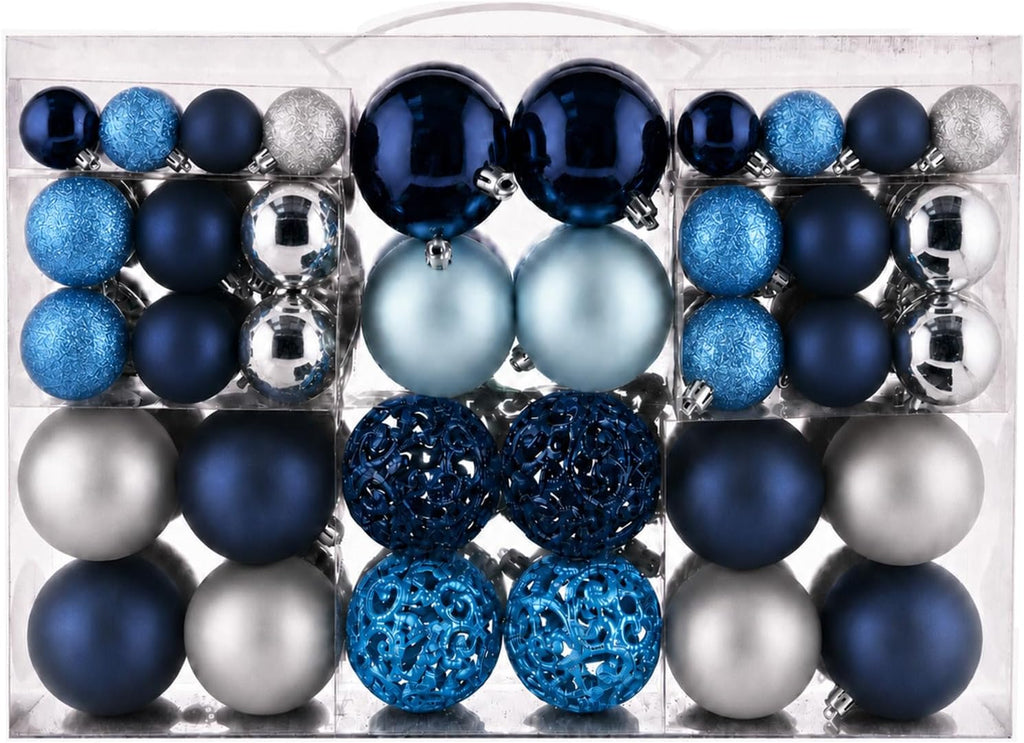 Christmas Balls Tree Ornaments Set, Shatterproof Xmas Decorations Set with Reusable Hand-held Gift Package for Holiday Indoor Tree Decor (100, Dark Blue, Sky Blue & Silver)