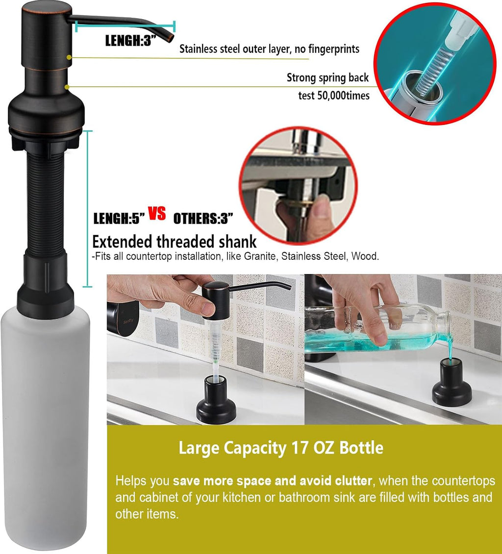 Soap Dispenser for Kitchen Sink, Kitchen Hand Soap Dispenser Pump Oil Rubbed Bronze, Countertop Soap Dispenser Pump with 47" Extension Tube kit, Built in Refill from The Top+17 OZ Bottle