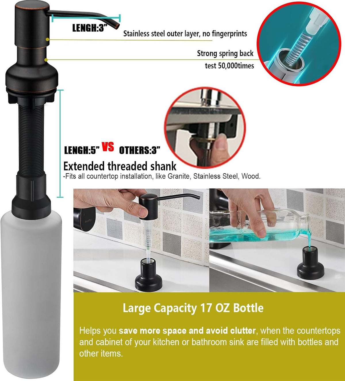 Soap Dispenser for Kitchen Sink, Kitchen Hand Soap Dispenser Pump Oil Rubbed Bronze, Countertop Soap Dispenser Pump with 47" Extension Tube kit, Built in Refill from The Top+17 OZ Bottle