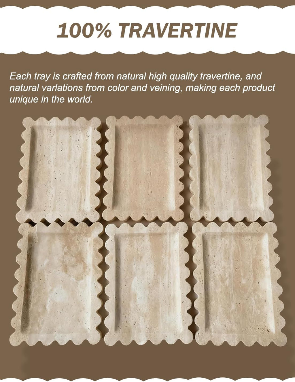 Denique Natural Travertine Tray with Scalloped Edge, 10.8x8 Rectangle Vanity Tray for Bathroom Kitchen Countertop, Beige Decorative Stone Storage Tray for Dresser Home Decor