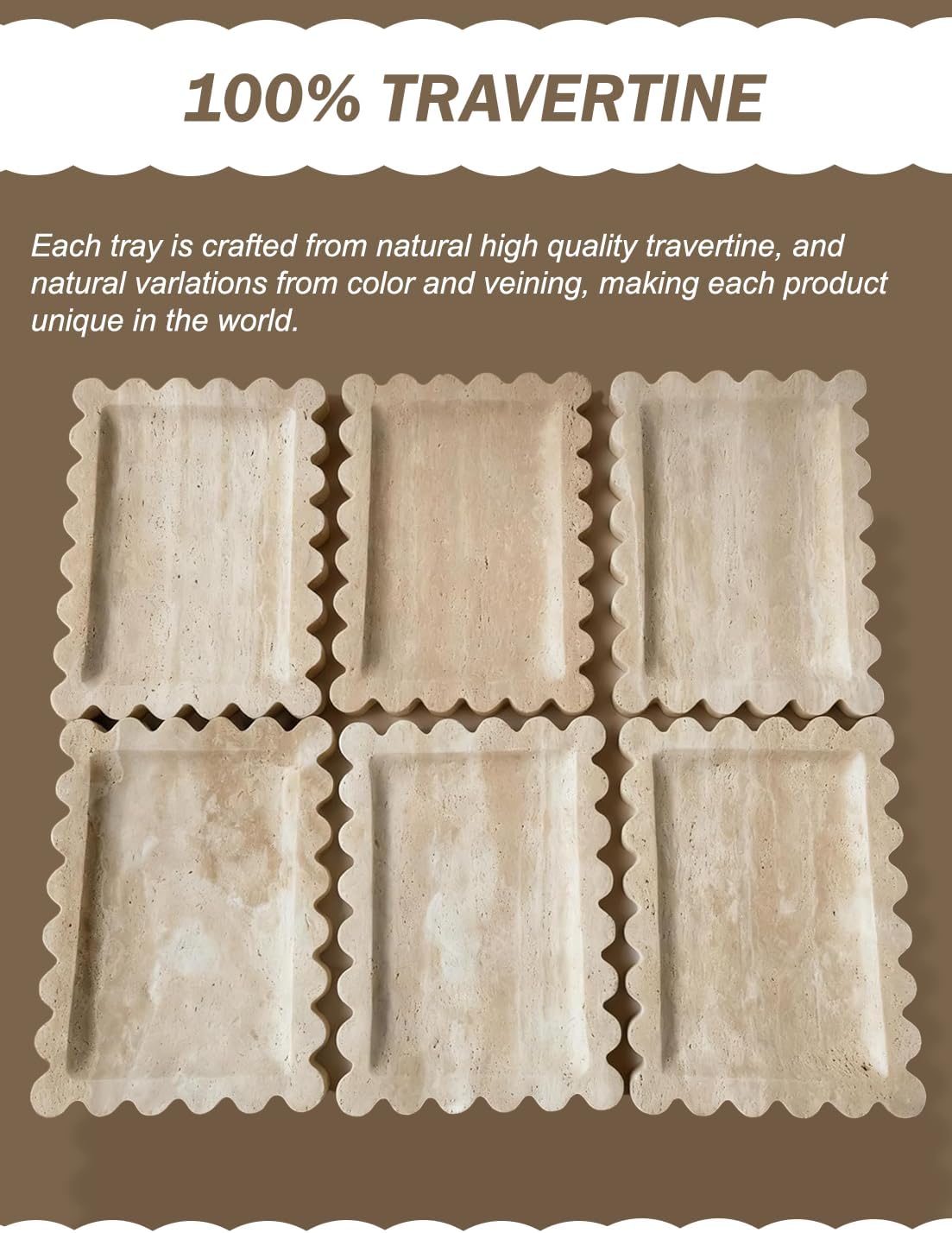 Denique Natural Travertine Tray with Scalloped Edge, 10.8x8 Rectangle Vanity Tray for Bathroom Kitchen Countertop, Beige Decorative Stone Storage Tray for Dresser Home Decor