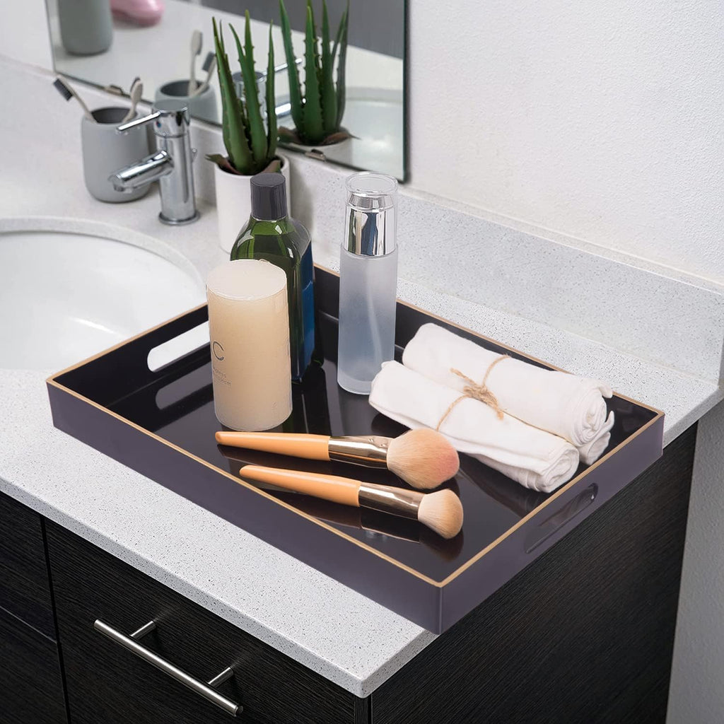 MAONAME Black Decorative Tray, Rectanrle Plastic Serving Tray with Handles